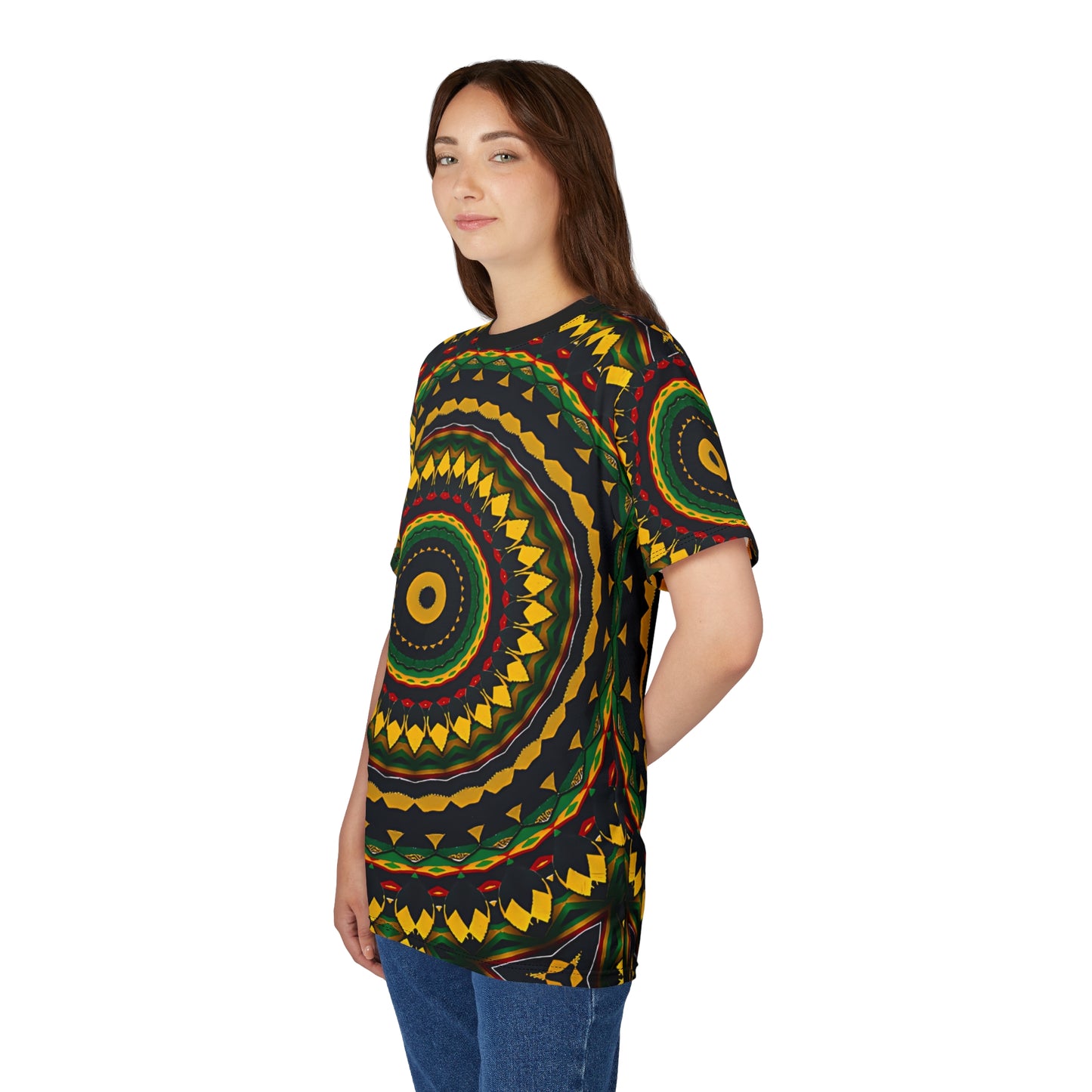 Women's Yellow Green Red Circular Pattern All-Over Print Tee