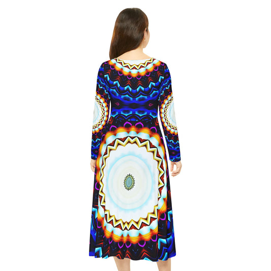 Women's Psychedelic Mandala Long-Sleeve Twirl All-Over Print Dance Dress