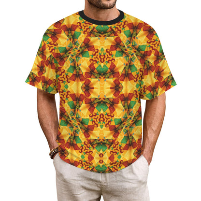 Men's Vibrant African Kente Geometric Pattern All Over Print Ribbed Collar T-Shirt