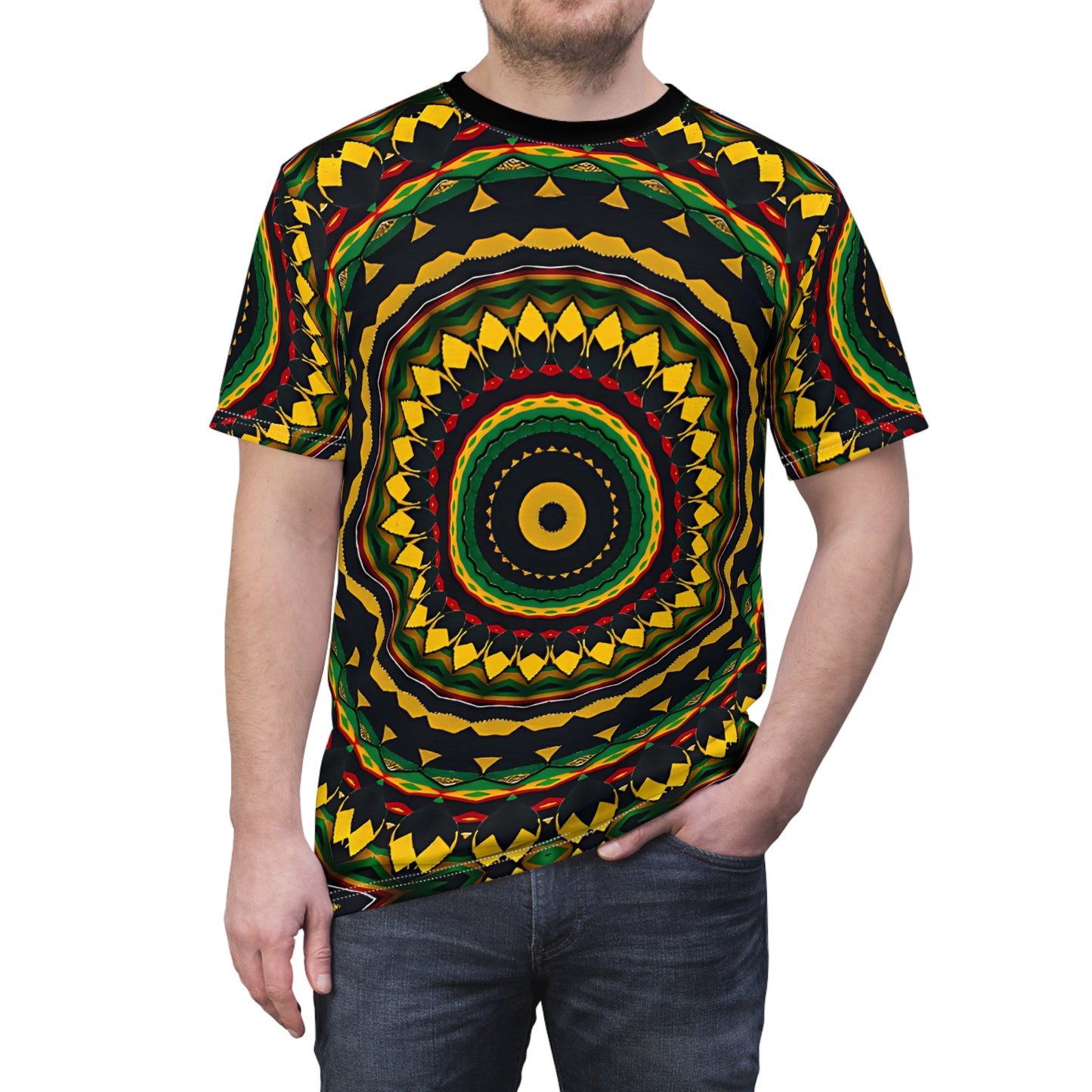 Men's Yellow Green Red Circular Pattern All-Over Print Tee
