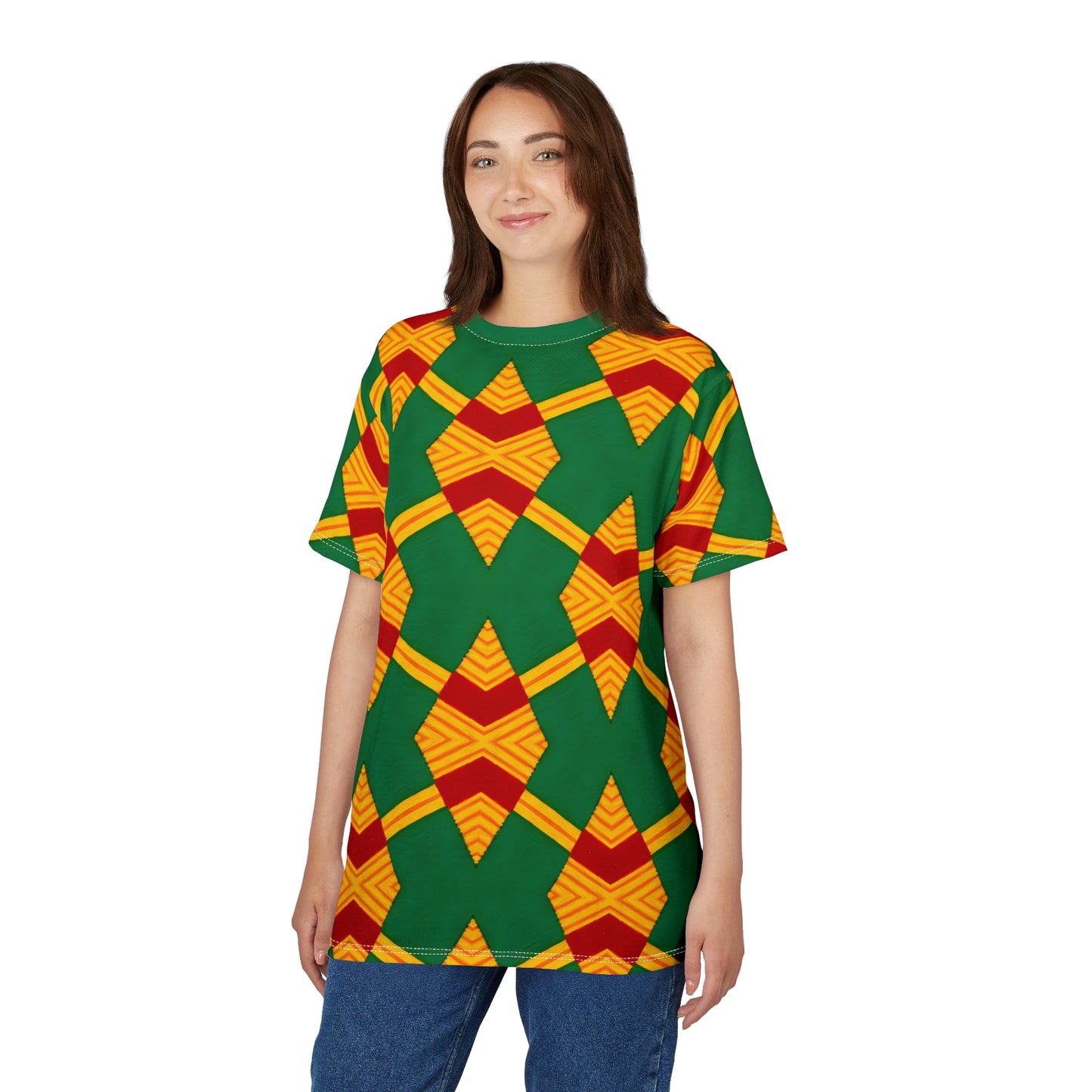 Women Bold Green, Red & Gold African Kente-Inspired Pattern  All-Over Print Tee