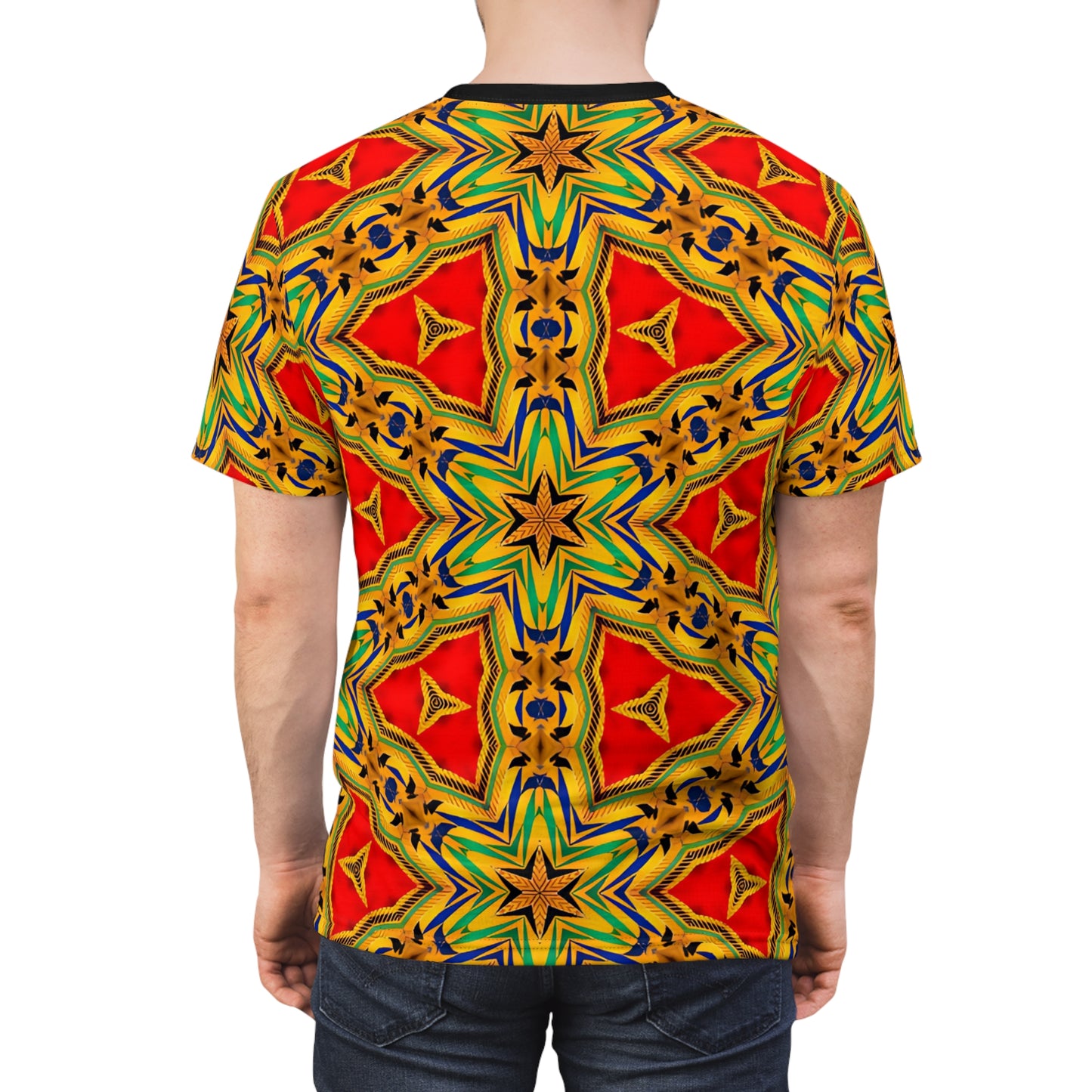 Men's Vibrant Red & Gold Star All-Over Print Festival Tee