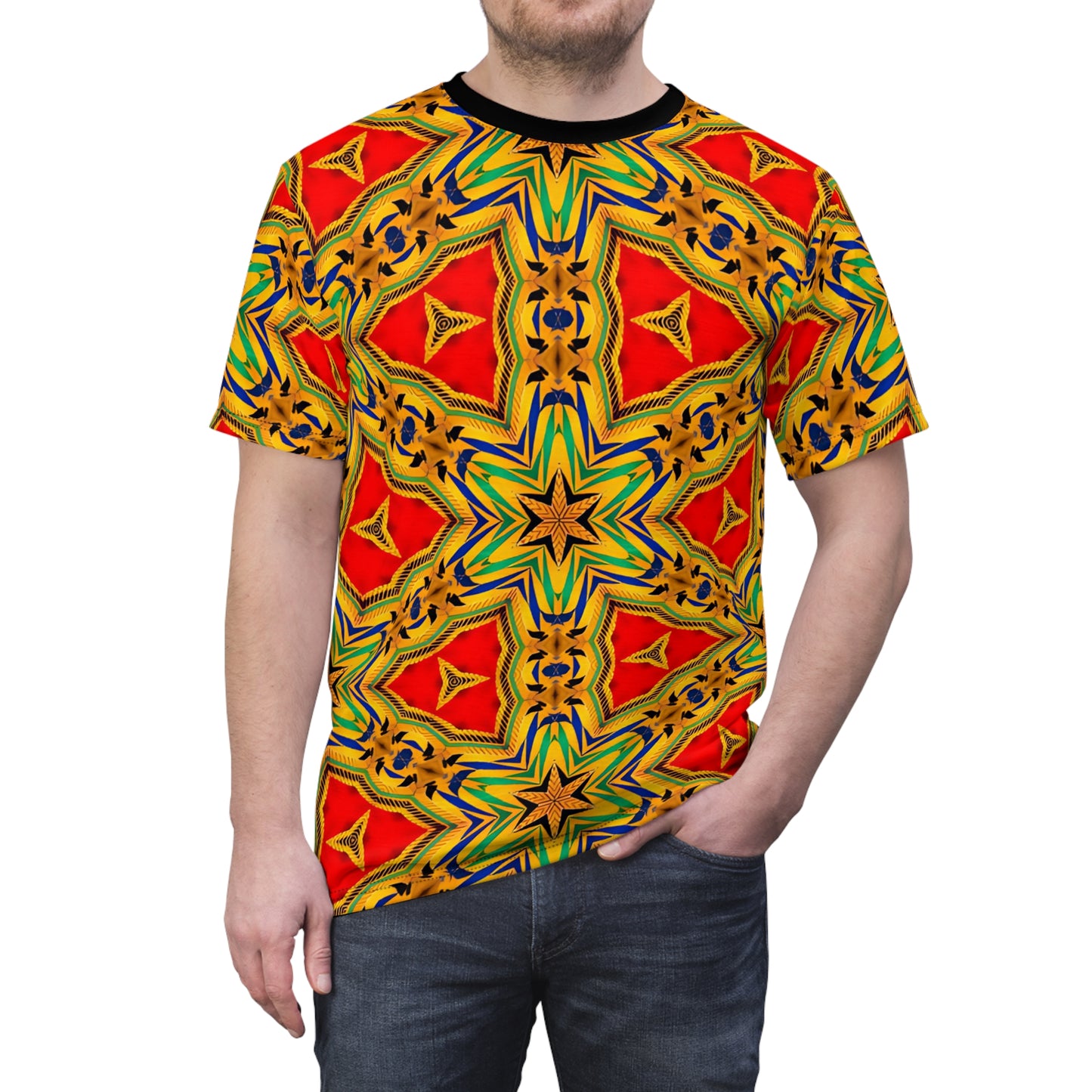 Men's Vibrant Red & Gold Star All-Over Print Festival Tee