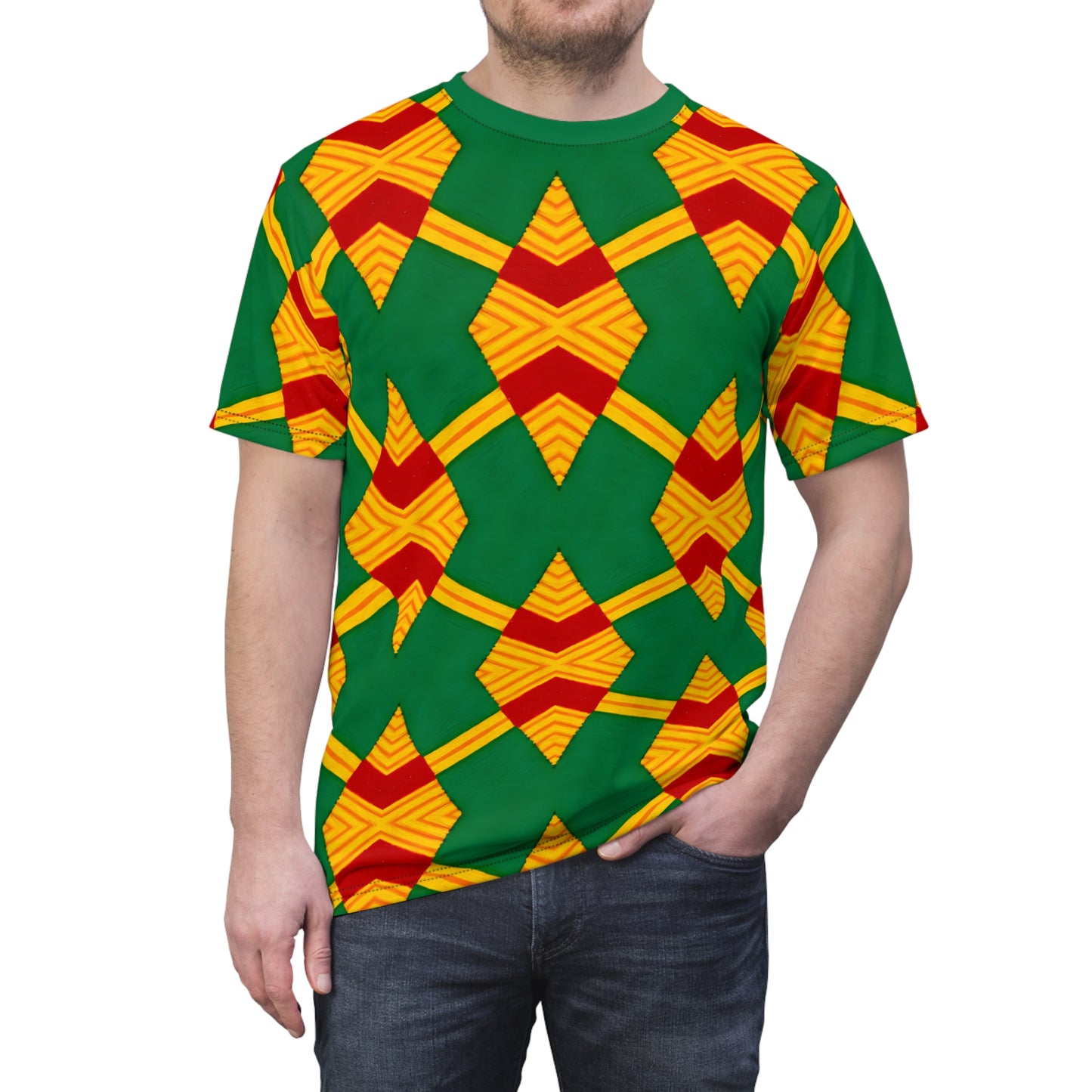 Men Bold Green, Red & Gold African Kente-Inspired Pattern  All-Over Print Tee