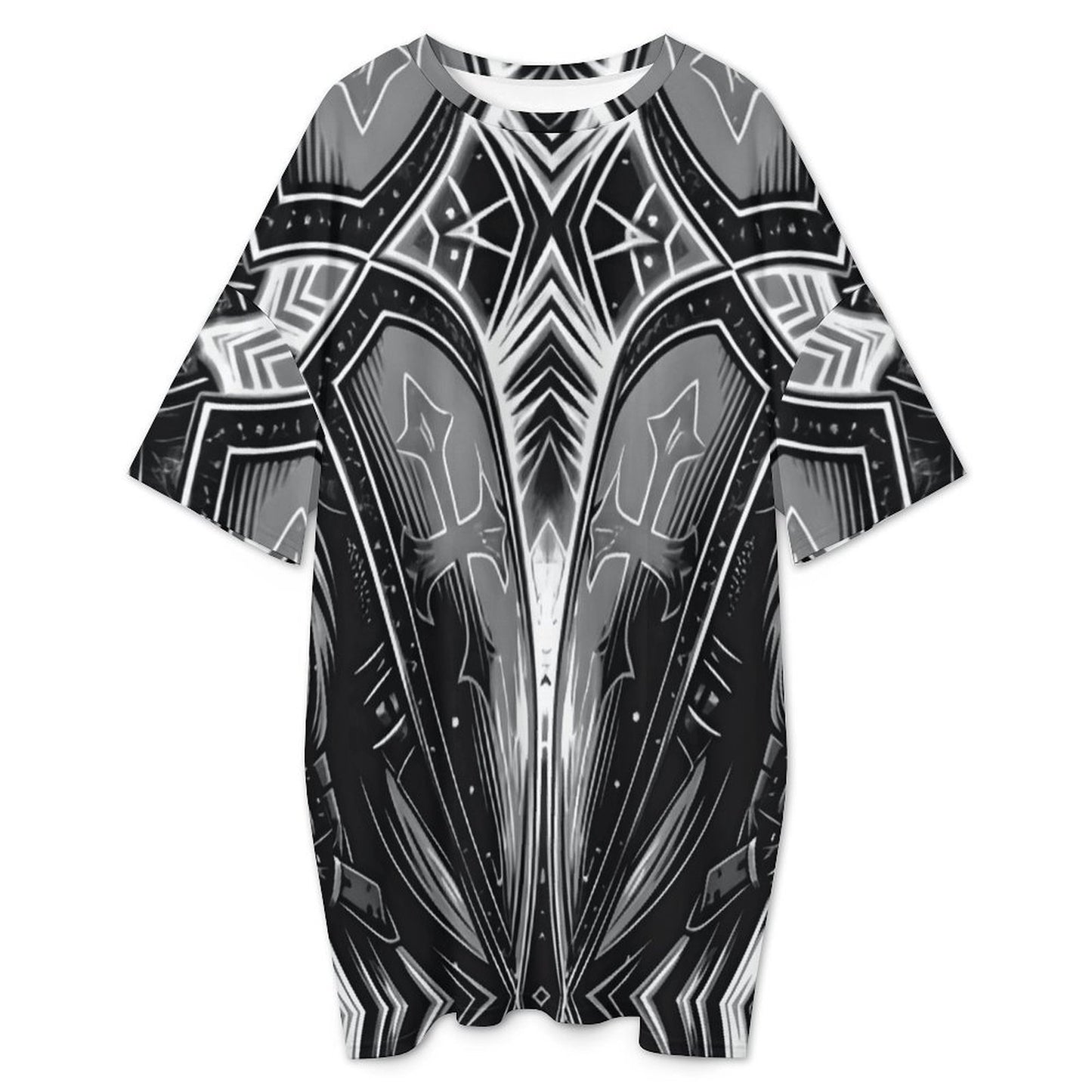 Women's Black & Silver Symmetry Pattern All-Over Print Oversized T- Shirt Loungewear