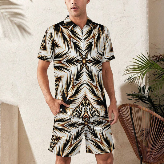 Men's Golden Baroque Pattern All-Over Print Zip-Up Polo Set