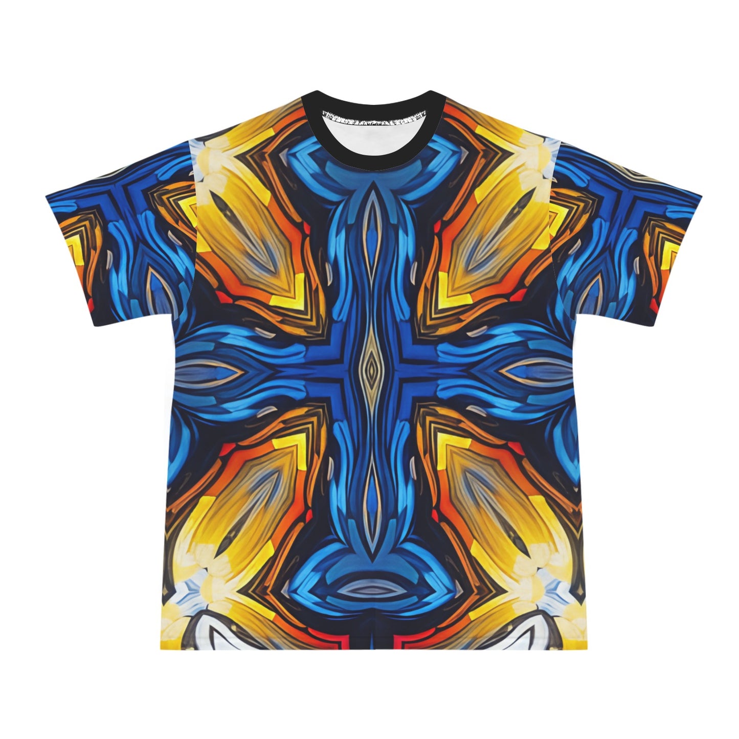 Men's Bold Blue & Gold Abstract Pattern All-Over Print All Over Print Ribbed Collar T-Shirt.