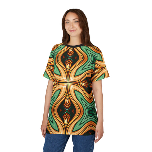 Women's Green & Gold Psychedelic Floral Pattern All-Over Print Tee
