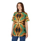 Women's Green & Gold Psychedelic Floral Pattern All-Over Print Tee
