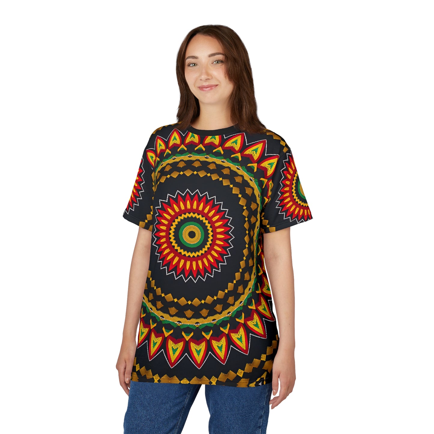 Women's Yellow Green Red Circular Pattern All-Over Print Tee