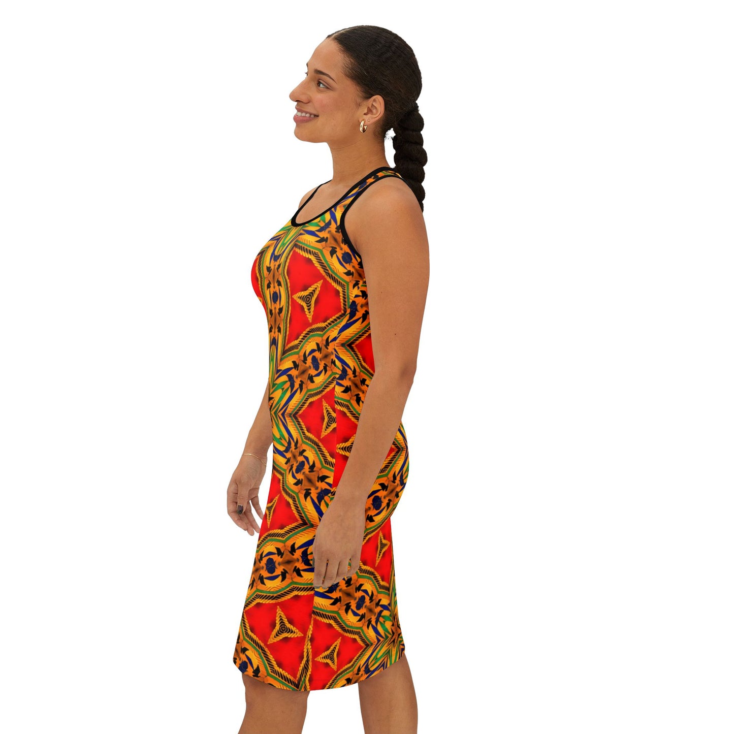 Women's Vibrant Red & Gold Racer back All-Over Print Dress