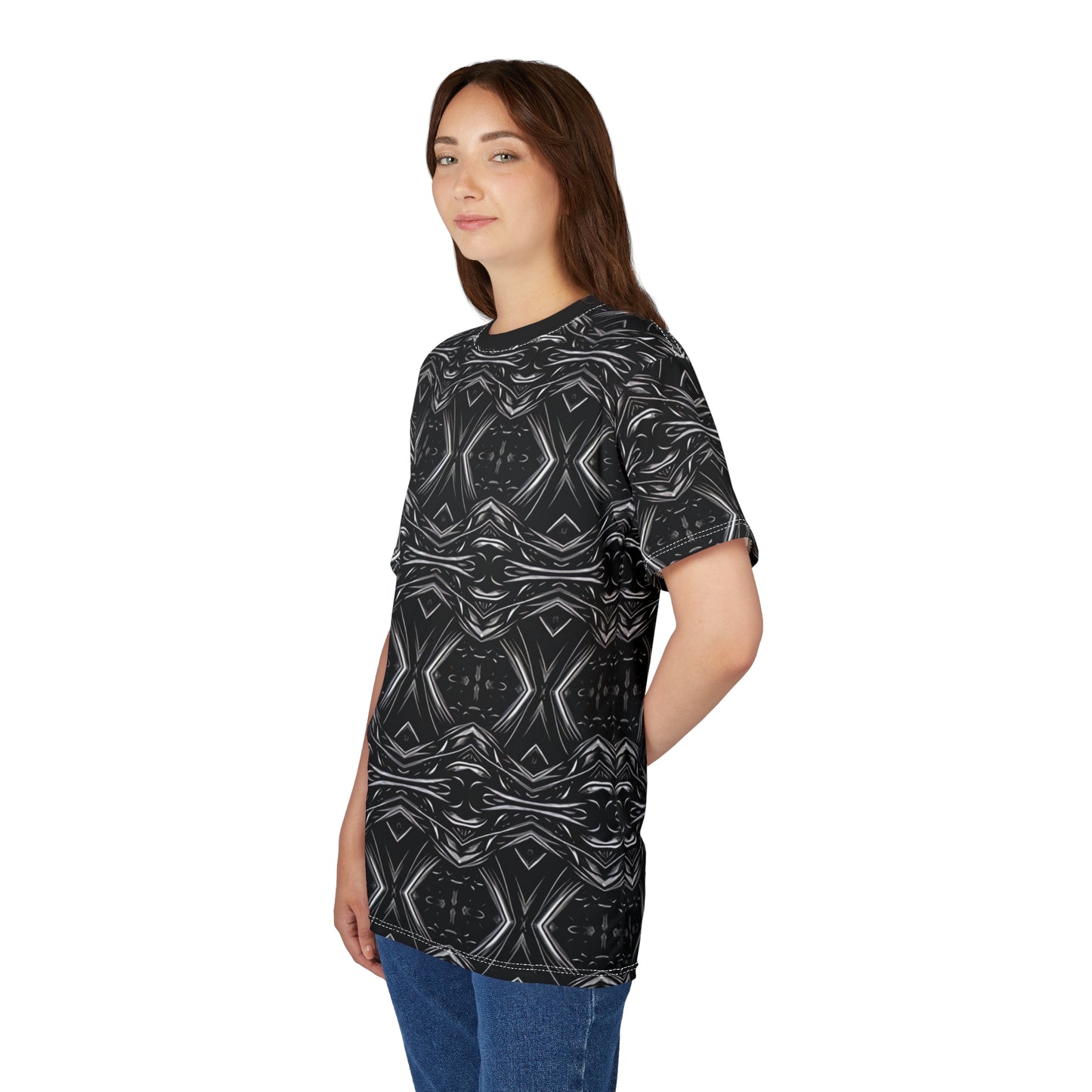 Women's Black Geometric Kaleidoscope Pattern All-Over Print Tee