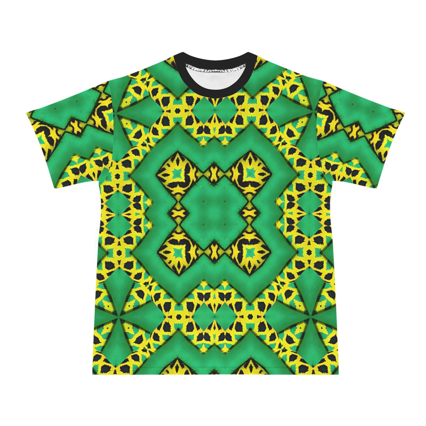 Men's Bold Green & Yellow Kaleidoscope Pattern All-Over Print Ribbed Collar T-Shirt