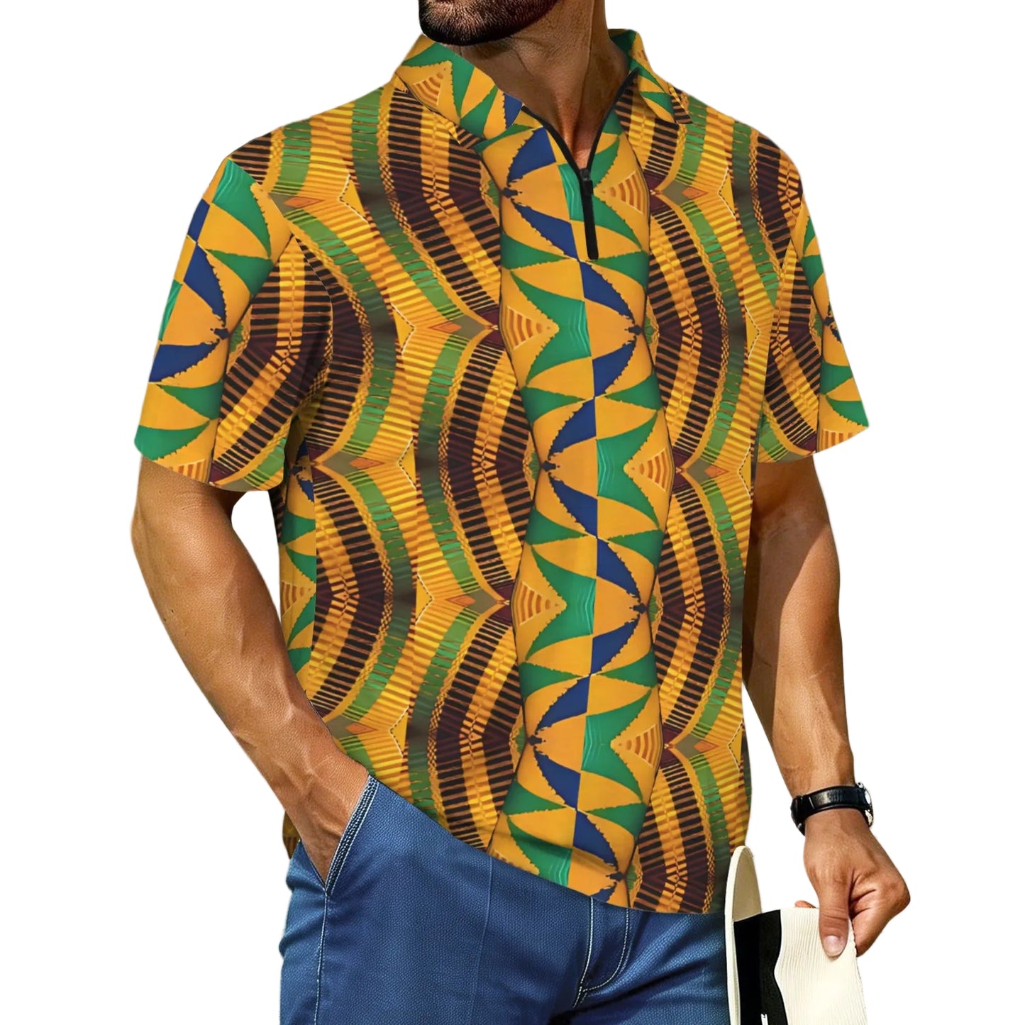 Men's African Kente Geometric Pattern All-Over Print Zipper Polo Shirt