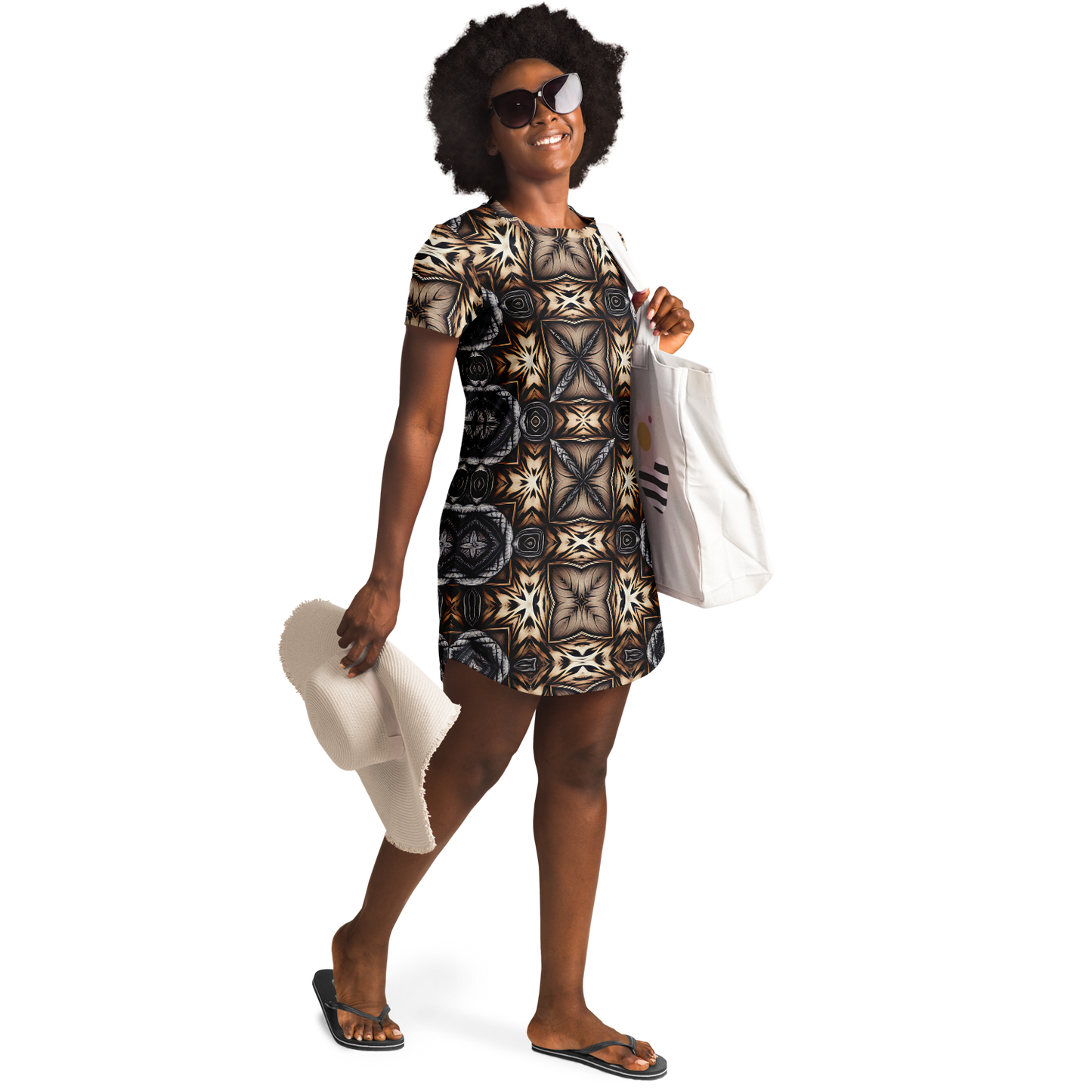 Women's Geometric Kaleidoscope Brown Pattern All Over Print T-Shirt Dress