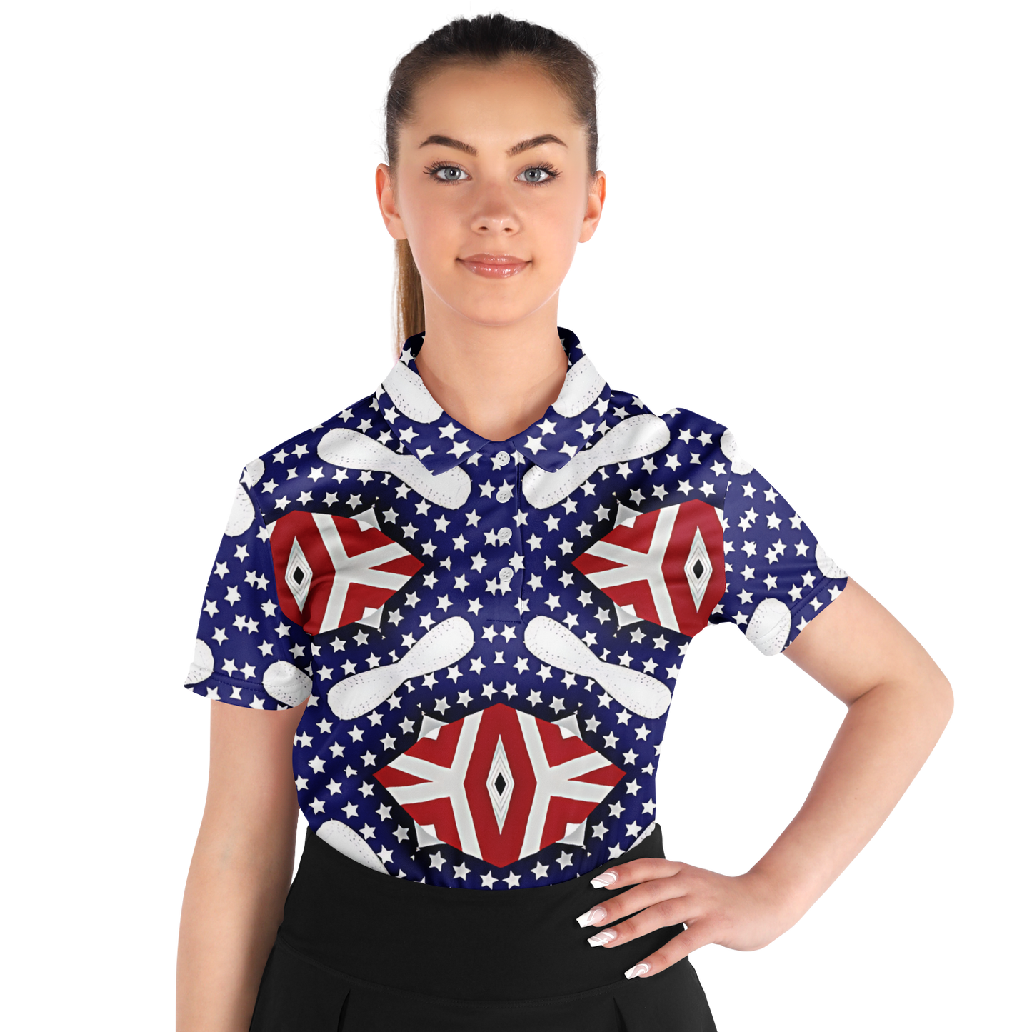 Women's White Blue & Red Patterned Polo Shirt Polo Shirt