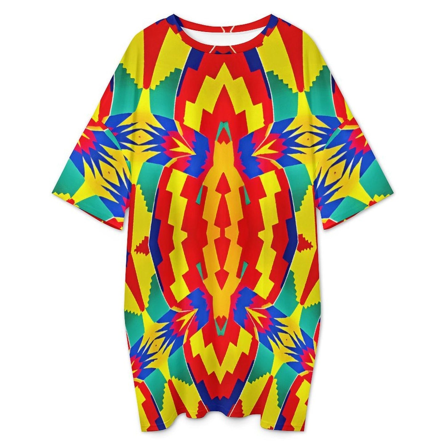 Women's Bold Rainbow Kente-Inspired Geometric Pattern All Over Print Oversized T- Shirt Loungewear