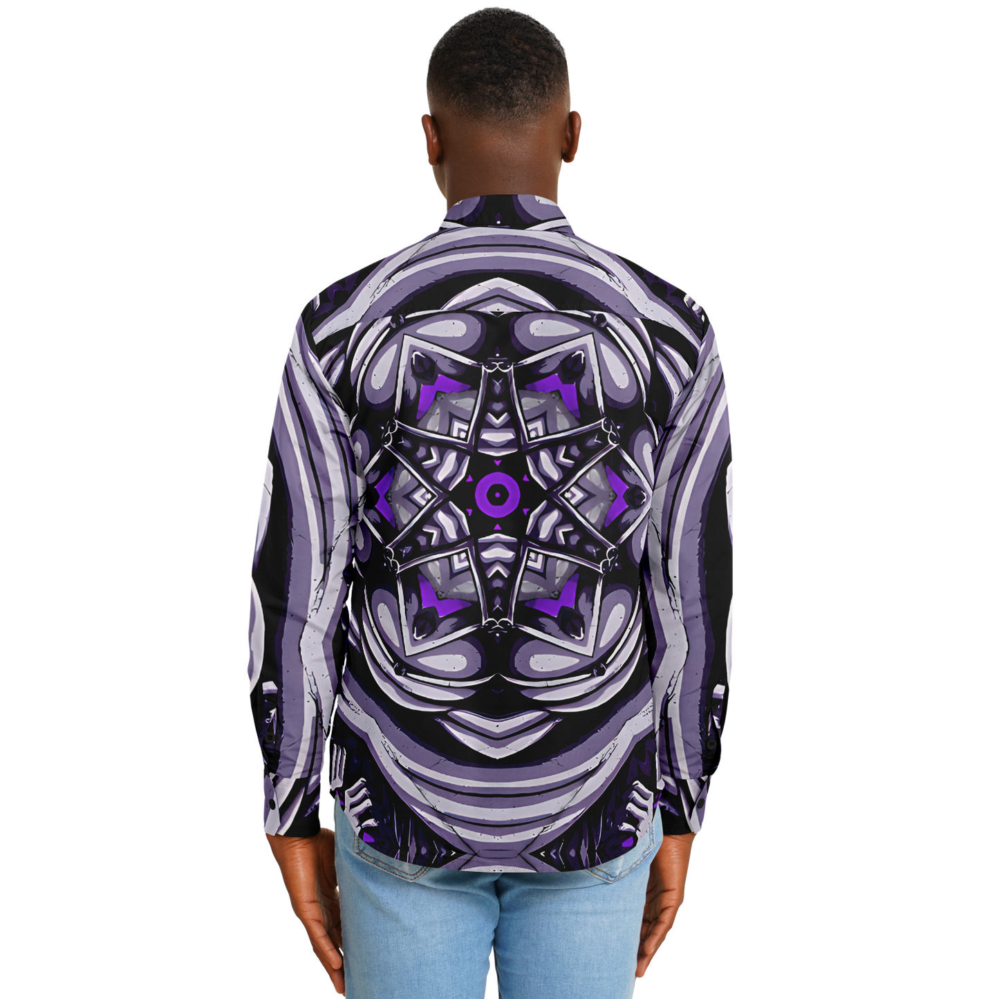 Men's Kaleidoscope Purple Pattern Spread Collar Long Sleeve Button-Down All Over Print Shirt.