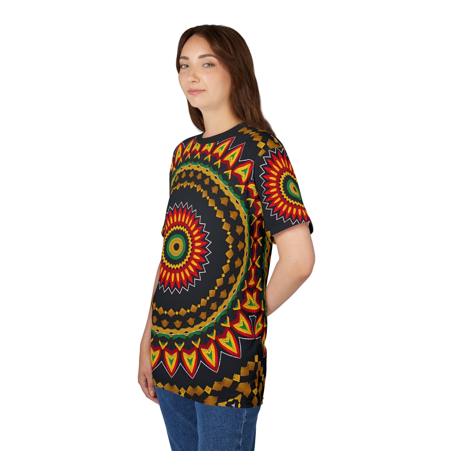 Women's Yellow Green Red Circular Pattern All-Over Print Tee