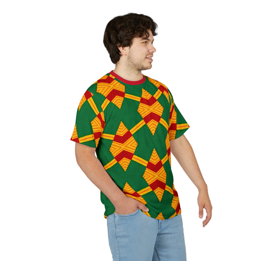 Men Bold Green, Red & Gold African Kente-Inspired Pattern All-Over Print Tee