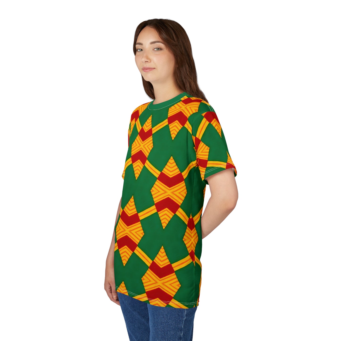 Women Bold Green, Red & Gold African Kente-Inspired Pattern  All-Over Print Tee