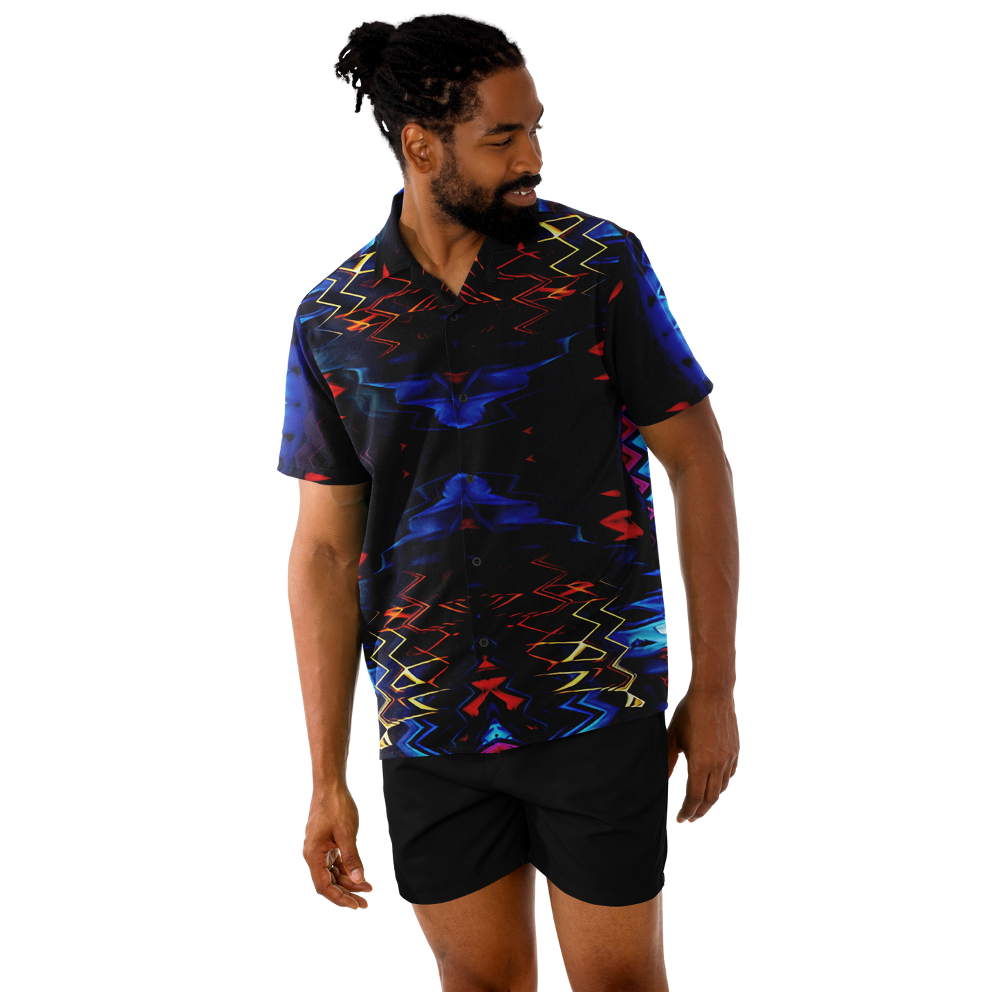Men's Blue & Red Kaleidoscope Pattern All Over Print Spread Collar Short Sleeve Button-Down Shirt