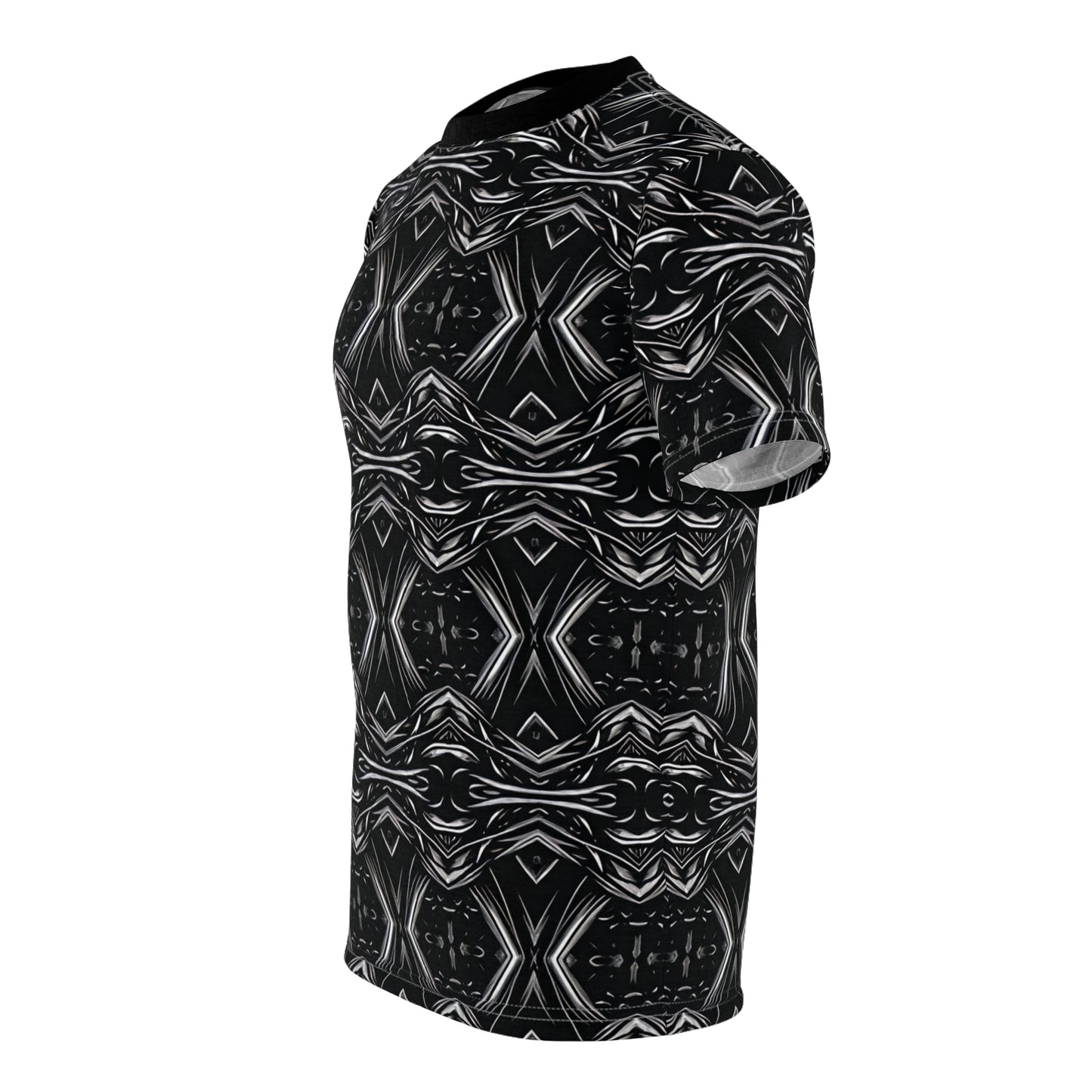 Women's Black Geometric Kaleidoscope Pattern All-Over Print Tee