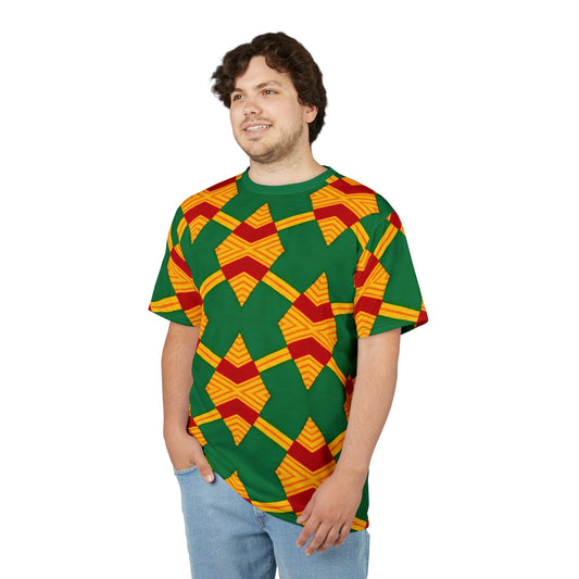 Men Bold Green, Red & Gold African Kente-Inspired Pattern All-Over Print Tee