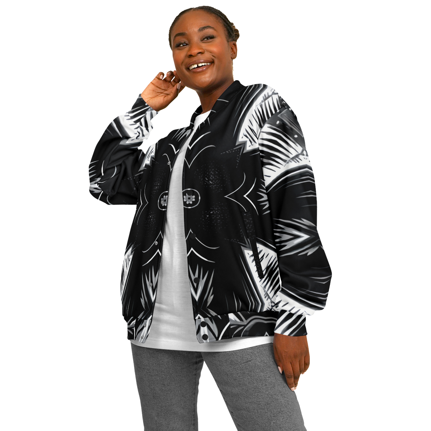 Women's Black & White Geometric Pattern All Over print All Over Print Baseball Jacket