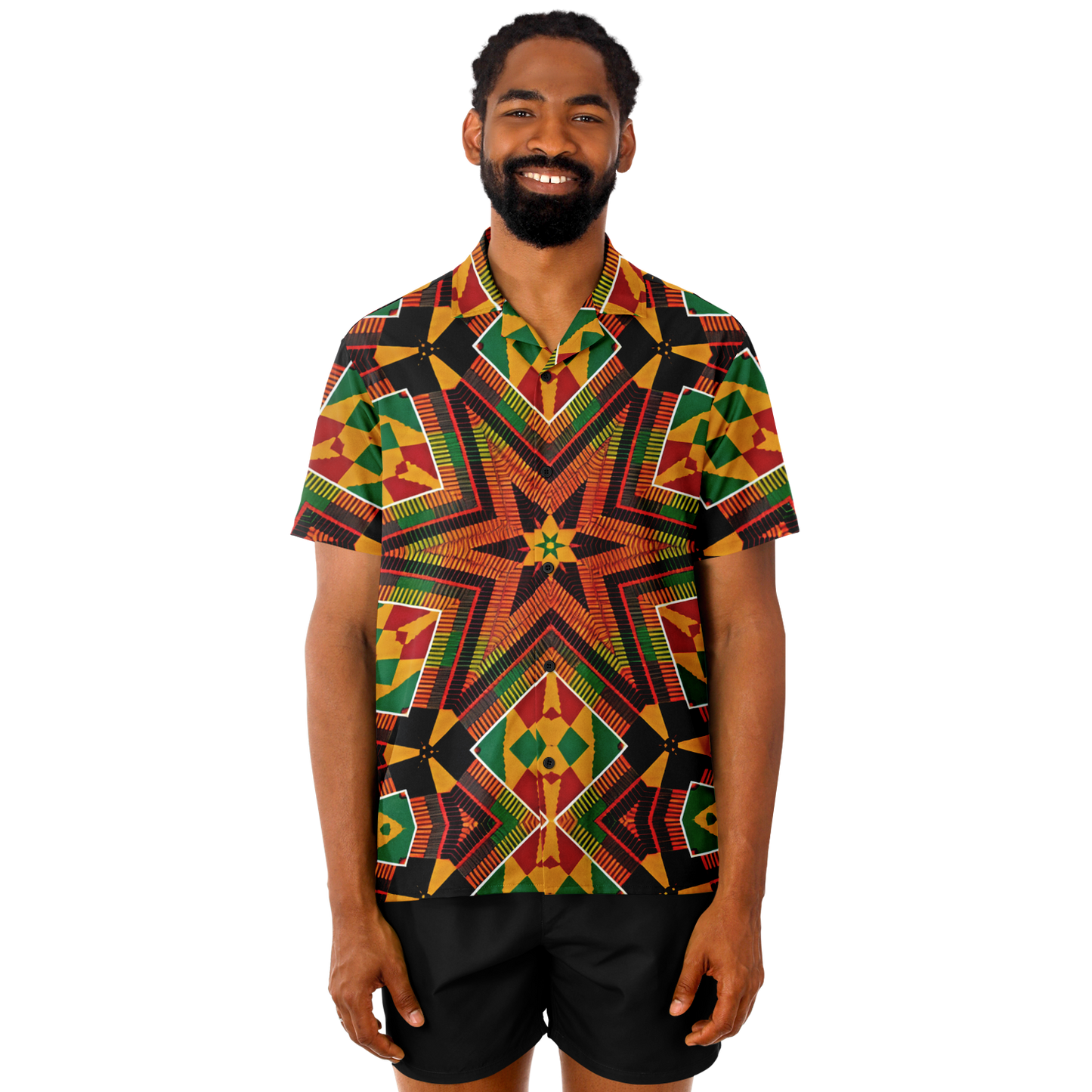 Men's African Kente Geometric Star Pattern All-Over Print Spread Collar Short Sleeve Button-Down Shirt