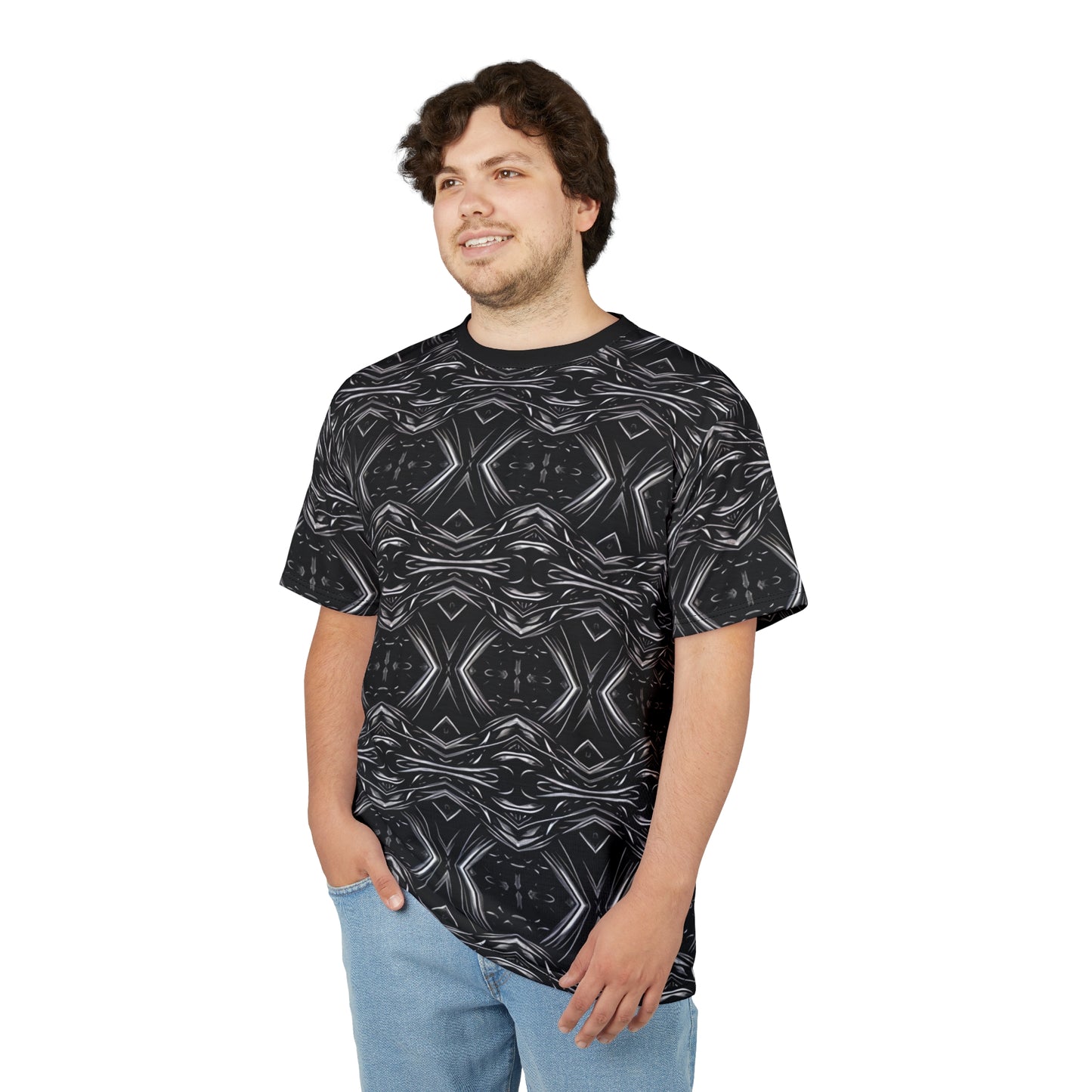 Men's Black Geometric Kaleidoscope Pattern All-Over Print Tee
