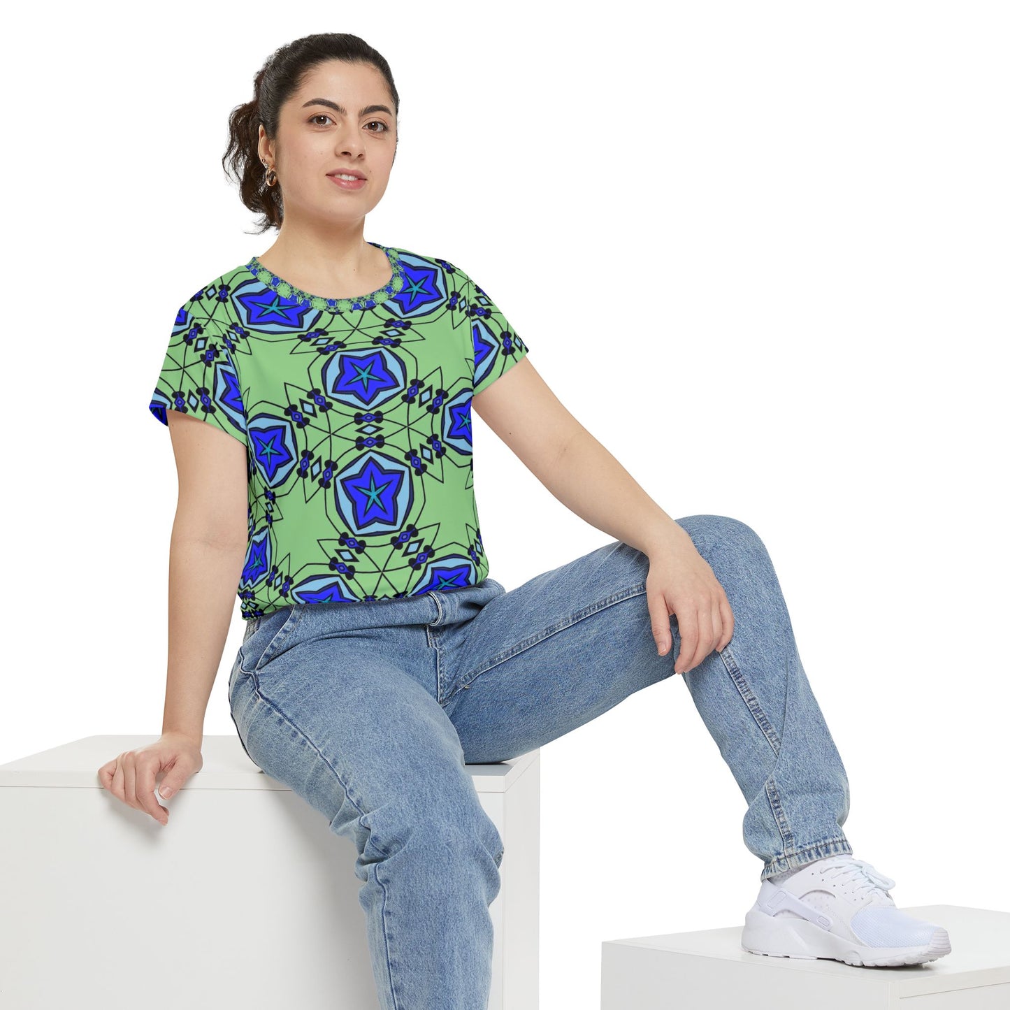 Women's Blue Starburst Kaleidoscope Pattern All-Over Print Unisex Cut & Sew Tee