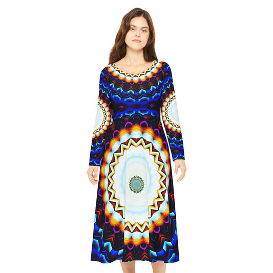 Women's Psychedelic Mandala Long-Sleeve Twirl All-Over Print Dance Dress