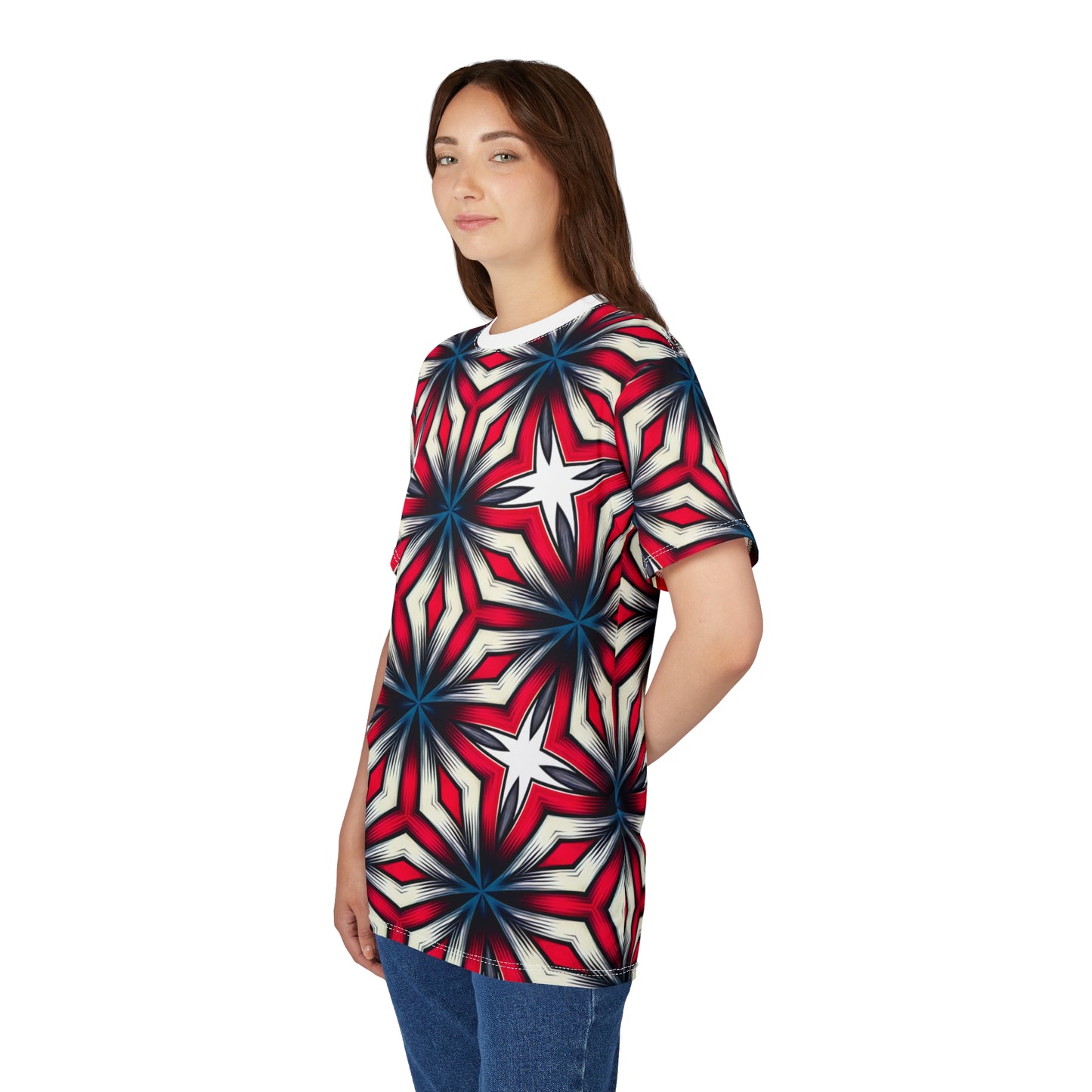 Women's Red, White & Blue Geometric Star Pattern All-Over Print Unisex Cut & Sew Tee