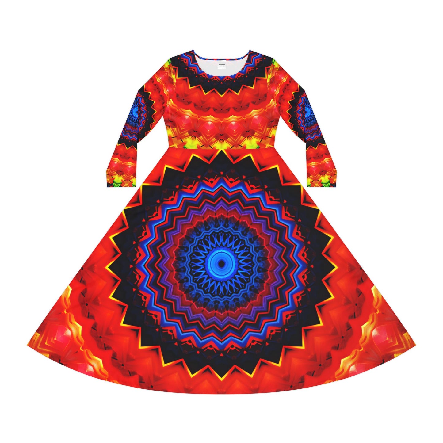 Women's Psychedelic Mandala Long-Sleeve Twirl All-Over Print  Dance Dress