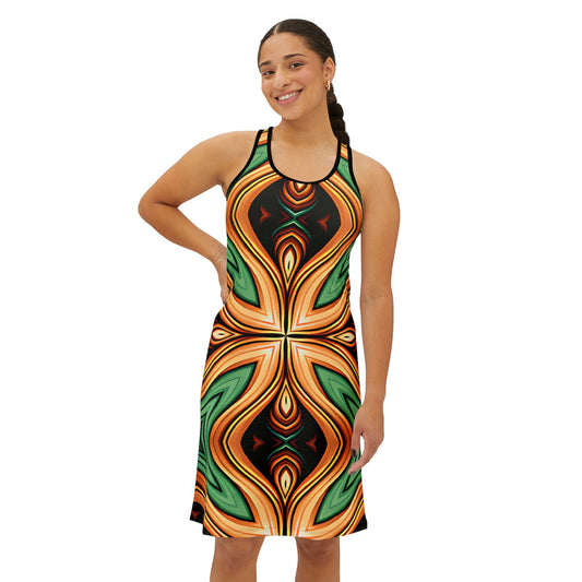 Women's Green & Gold Psychedelic Floral Pattern All-Over Print Racer back Dress