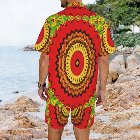 Men's Red Tribal Kaleidoscope Pattern All Over Print Oversized Hawaiian Shirt & Shorts Set