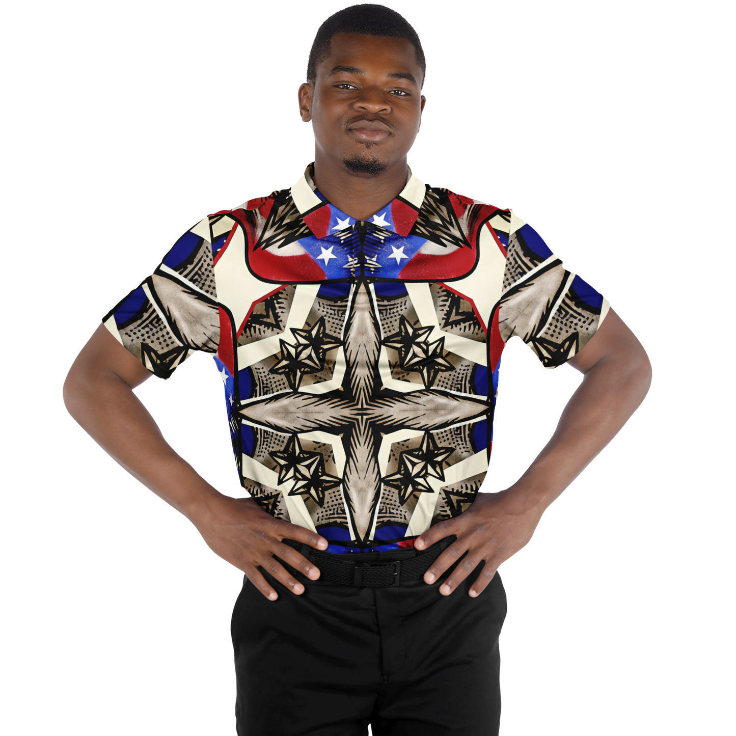 Men's Patriotic Stars & Cross Kaleidoscope Pattern All-Over Print Polo Shirt