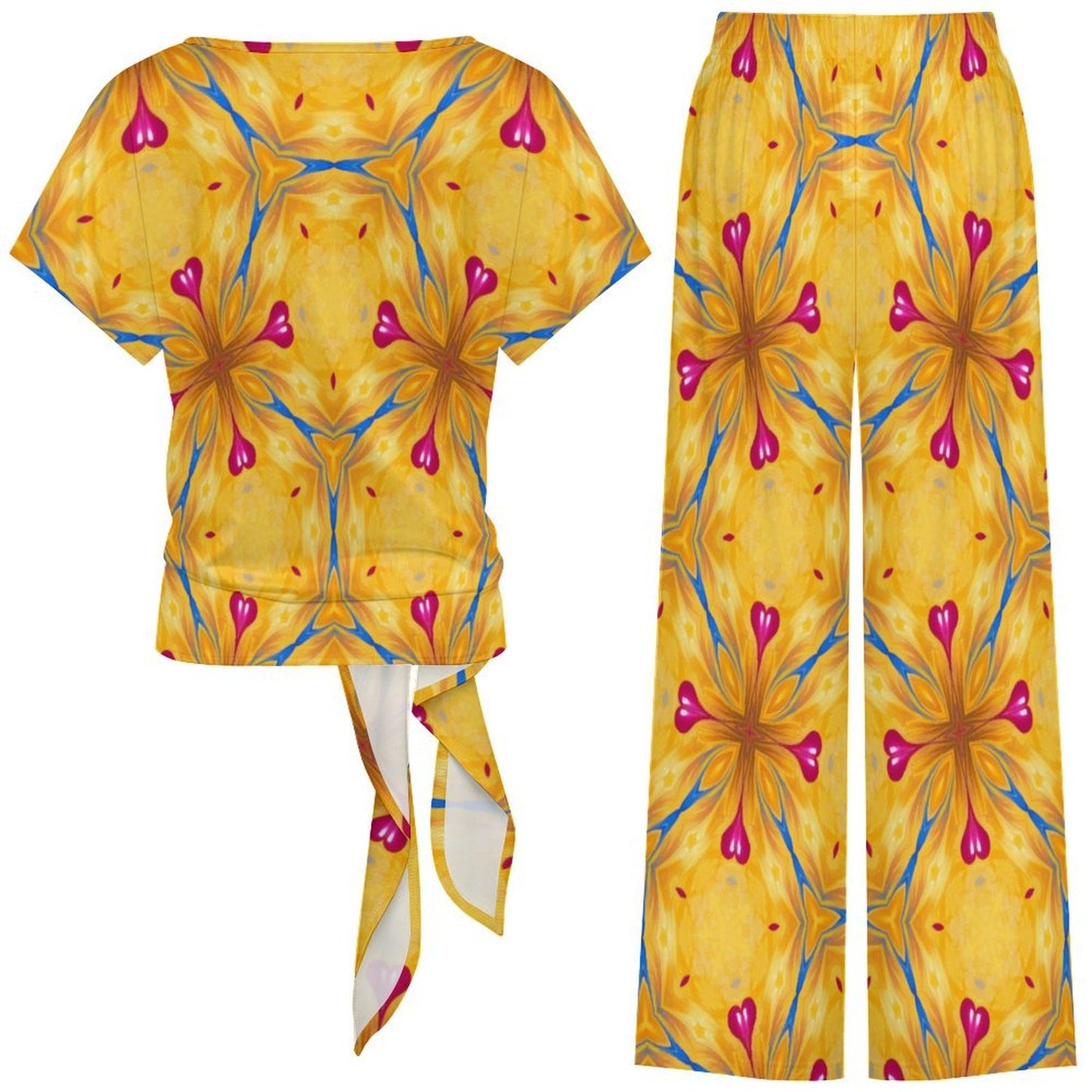Women's Yellow & Cross Red Heart Pop Pattern All Over Print Side-Tie Short Sleeve Top & Wide-Leg Pants Set