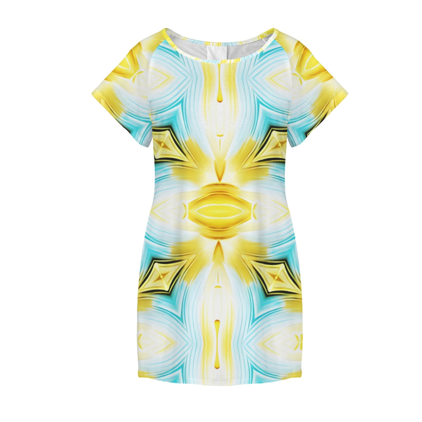 Women's Vibrant Kaleidoscope Geo Pattern All-Over Print Round Neck Pocket Casual Dress