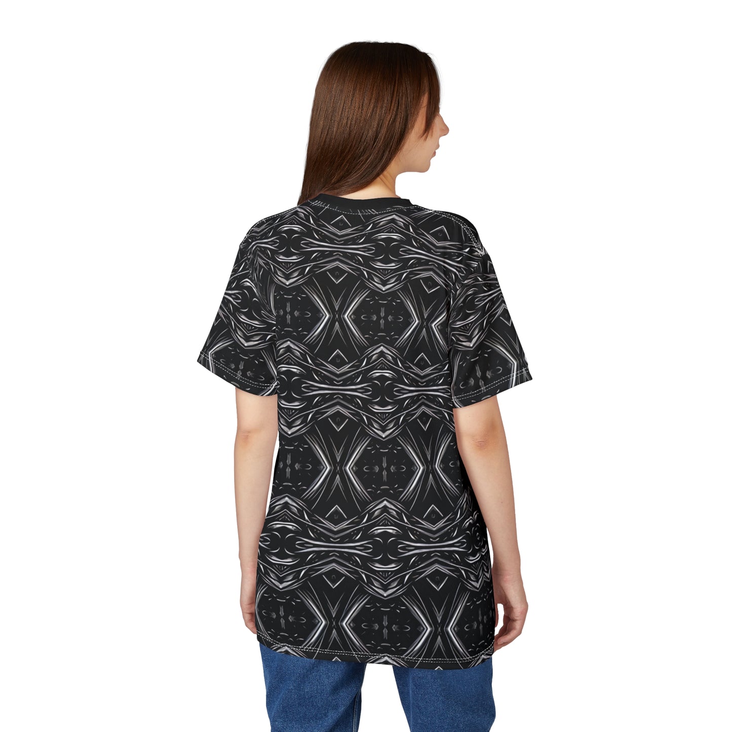 Women's Black Geometric Kaleidoscope Pattern All-Over Print Tee