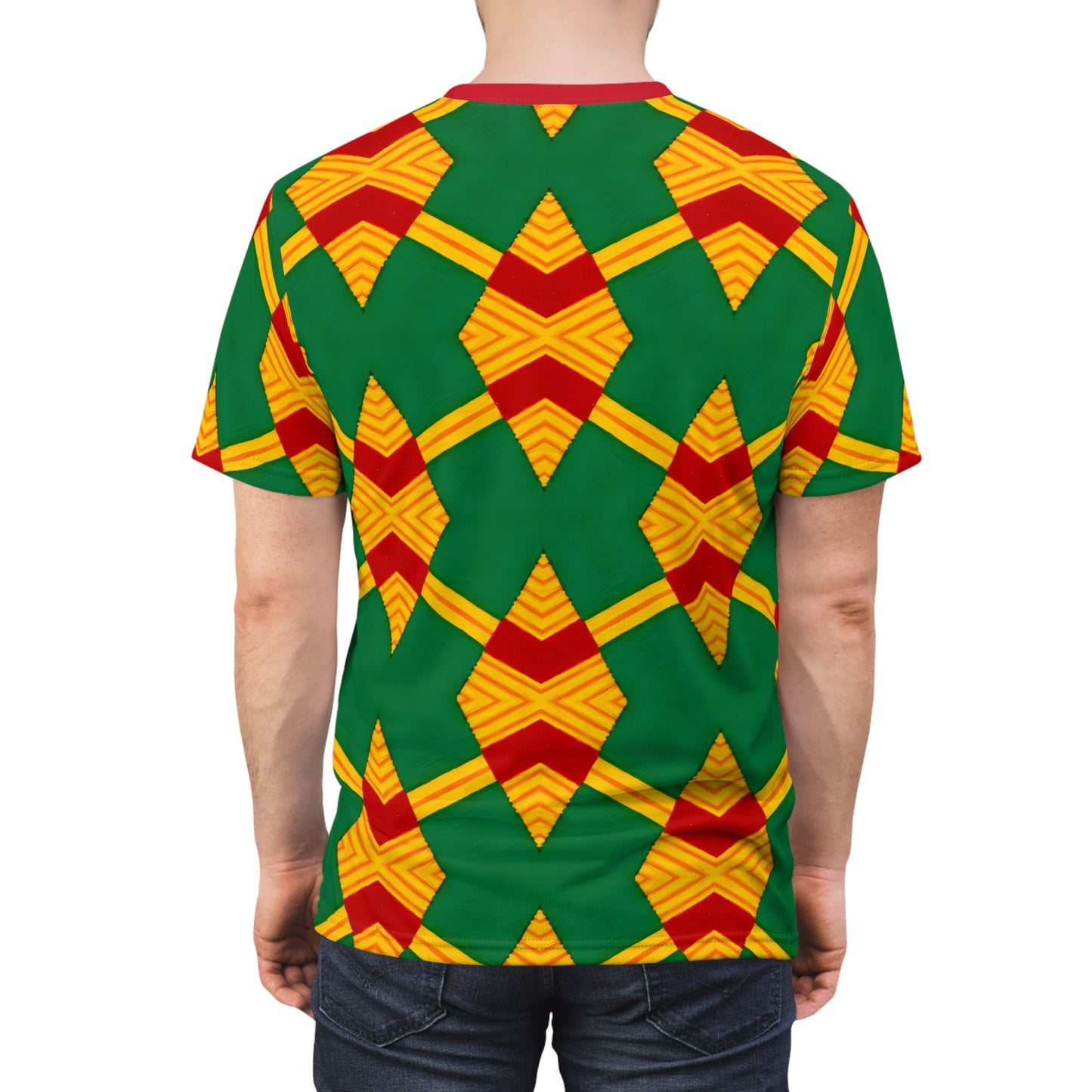 Men Bold Green, Red & Gold African Kente-Inspired Pattern  All-Over Print Tee