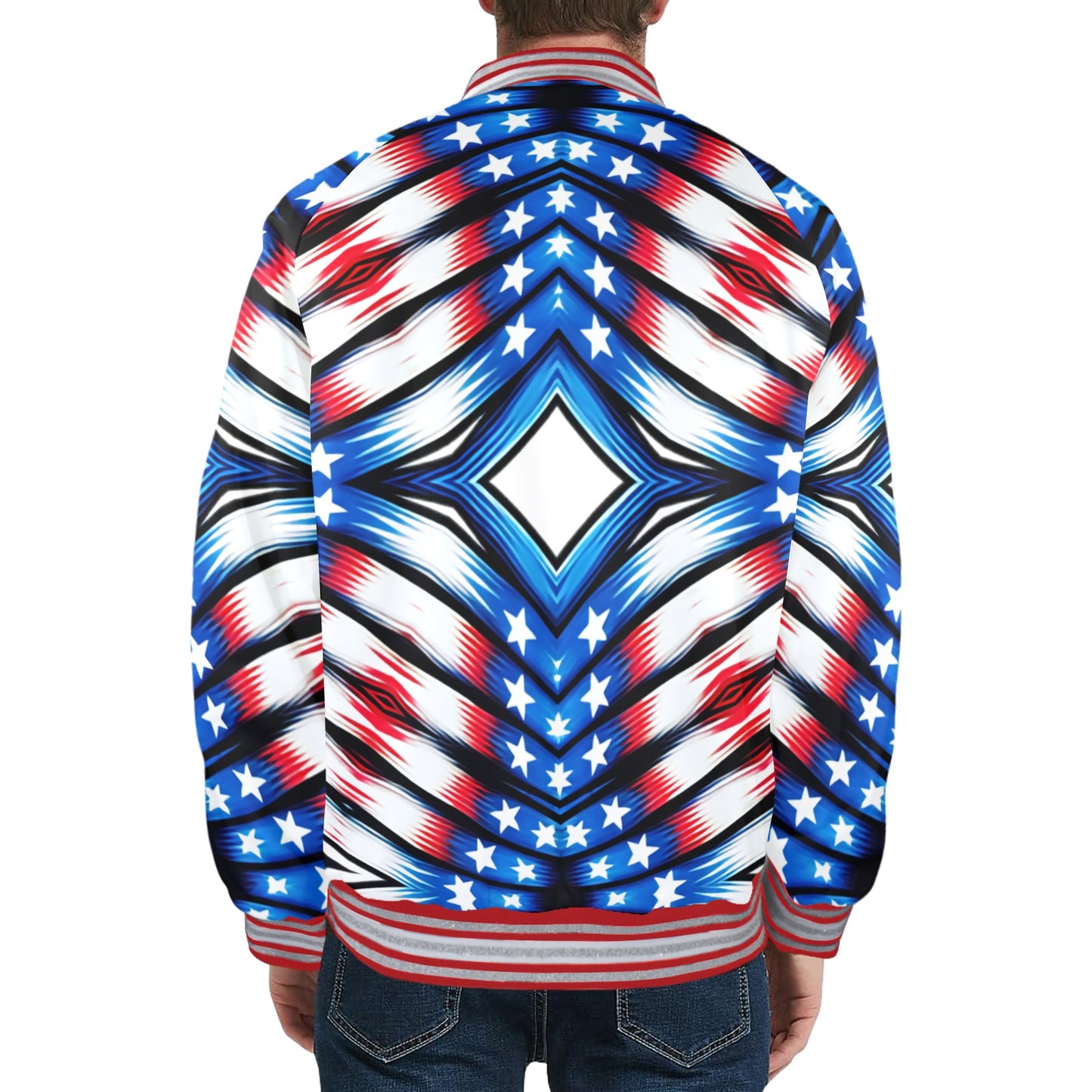 Men's Red White Blue Geometric Pattern All-Over Print All Over Print Striped Trim Bomber Jacket