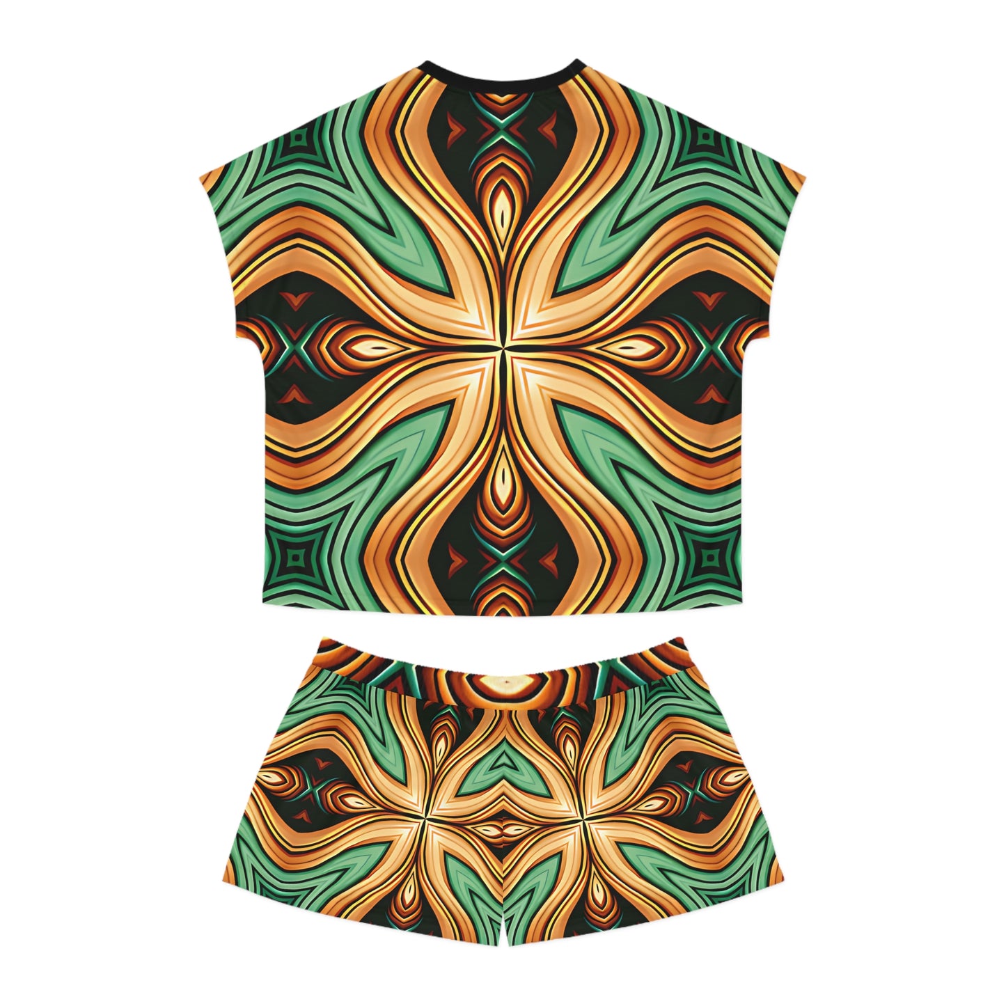 Women's Green & Gold Psychedelic Floral Pattern All-Over Print Short Pajama Set