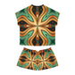 Women's Green & Gold Psychedelic Floral Pattern All-Over Print Short Pajama Set