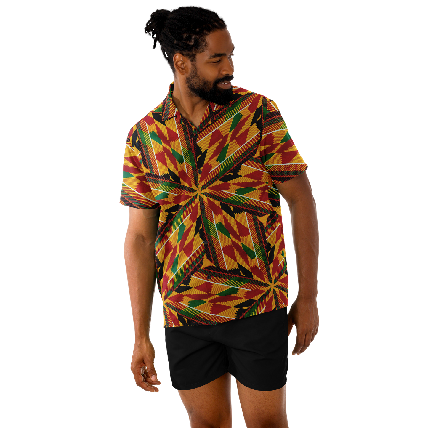 Men's African Kente Geometric Pattern All-Over Print Spread Collar Short Sleeve Button-Down Shirt
