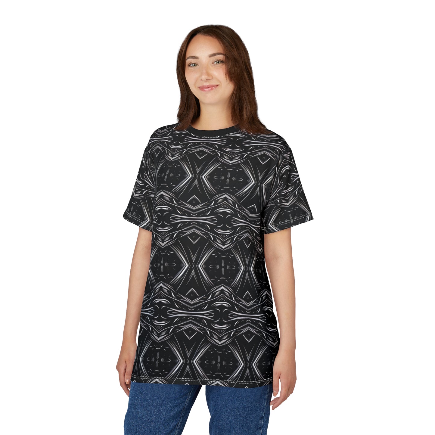Women's Black Geometric Kaleidoscope Pattern All-Over Print Tee