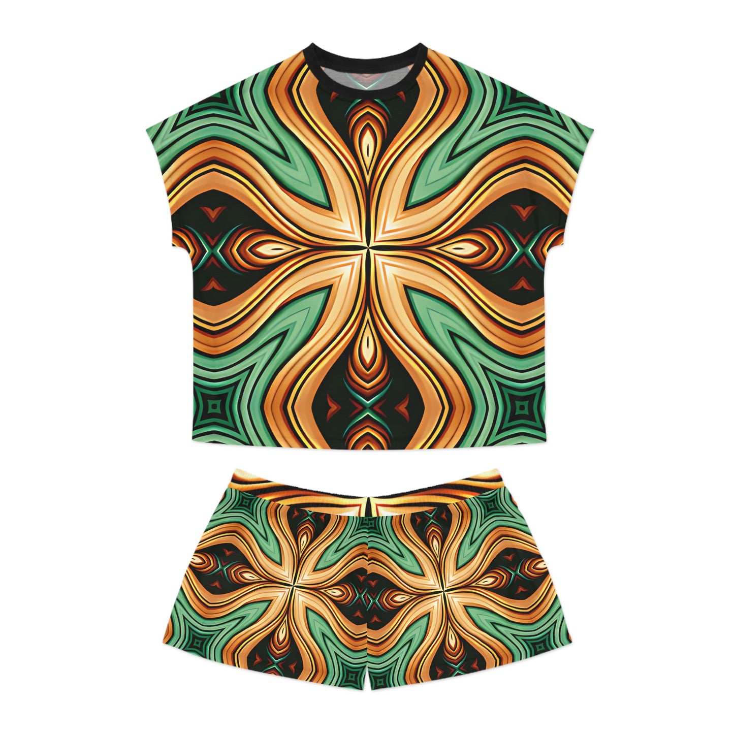 Women's Green & Gold Psychedelic Floral Pattern All-Over Print Short Pajama Set