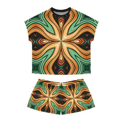 Women's Green & Gold Psychedelic Floral Pattern All-Over Print Short Pajama Set