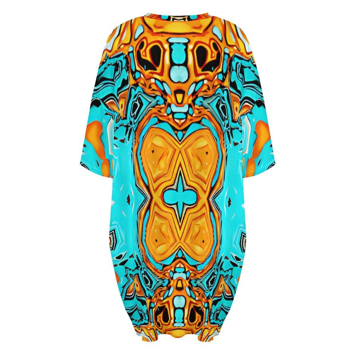 Women's Turquoise & Orange Geometric Pattern All Over Print Oversized T- Shirt Loungewear